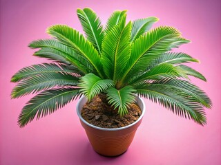 Obraz premium Stunning Drone Photography of Cycas Revoluta in a Speckled Pot Against a Soft Pink Backdrop, Showcasing Nature's Beauty and Elegance in a Unique Floral Arrangement