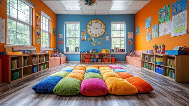Bright classroom with colorful seating and educational decor.