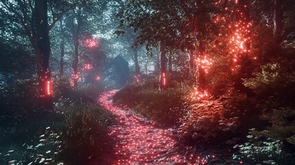 Fototapeta premium A mystical forest path with glowing red lights.