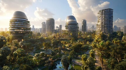 Obraz premium A futuristic city with tall buildings and lush greenery.