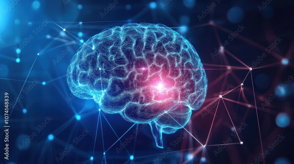 Poster 3d rendering of digital human brain and connection lines on blue background - generated ai