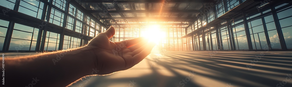 Aufkleber a hand reaches towards a bright sun, casting shadows in an expansive, unfinished building structure 
