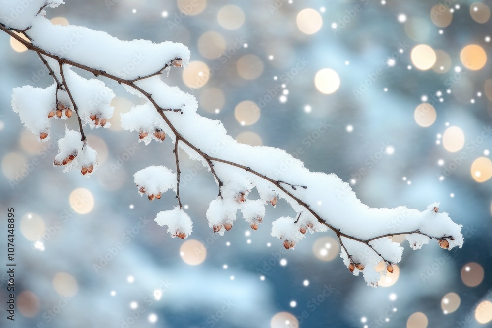 Poster winter background with snow covered branches and bokeh lights on background - generated ai