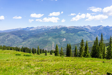 Vail summer in ski resort with hiking trail in Colorado, mountain peaks and mount of the holy cross in wilderness and grass over slope