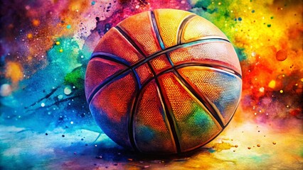 Stunning Macro Photography of Watercolor Basketball Art with Vibrant Colors and Textures, Capturing Unique Reflections and Fluidity in a Creative Sports Theme