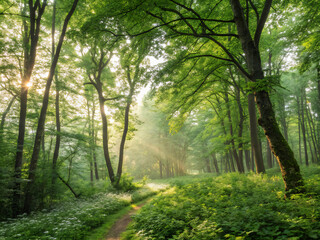 Naklejka premium morning in the forest. forest, path, tree, nature, trees, road, green, landscape, summer, spring, wood, woods, park, foliage, mist, leaf, autumn, trail, way, leaves, lane, misty, sun, light, environme