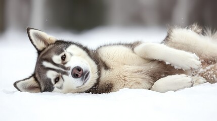 Obraz premium Playful siberian husky enjoys a winter day while rolling in the snow