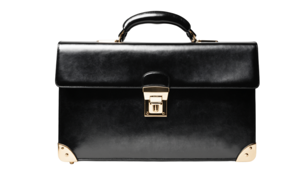black leather briefcase isolated on transparent background