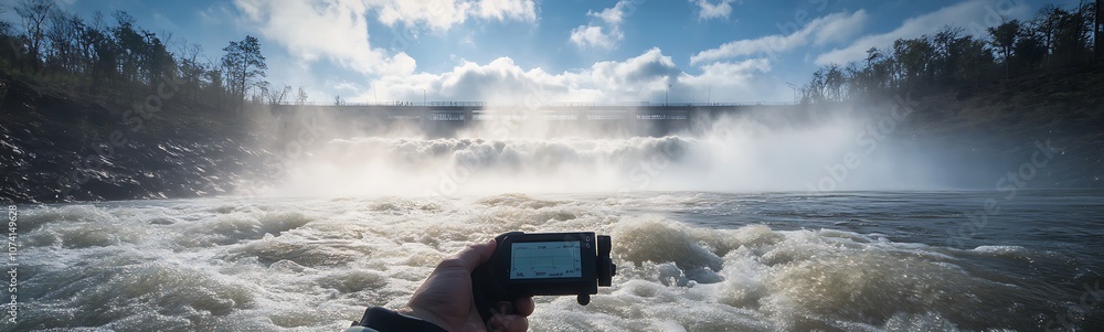 Poster A hand holds a device while capturing the splashing waters and mist from a powerful river under a bright sky.
