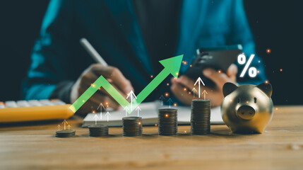 Business graph with percentage, special offer of shopping department store discount and tax concept, adjusting interest rates, raising interest rates to fight inflation, returns on investments.