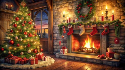 Fototapeta premium Surreal Christmas Fireplace with Tree Decorations and Candles