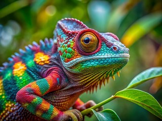 Obraz premium Stunning Portrait of a Chameleon in Thailand's Lush Landscape Showcasing Vibrant Colors and Unique Textures of This Fascinating Reptile in Its Natural Habitat