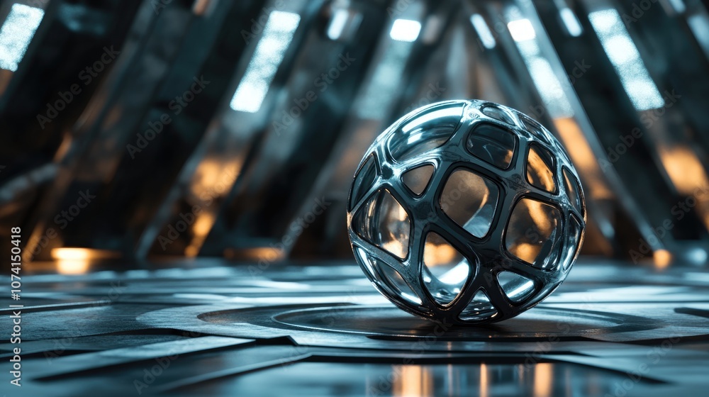 Poster abstract 3d rendering of a metallic sphere featuring a smooth lattice design set against a sci fi ba