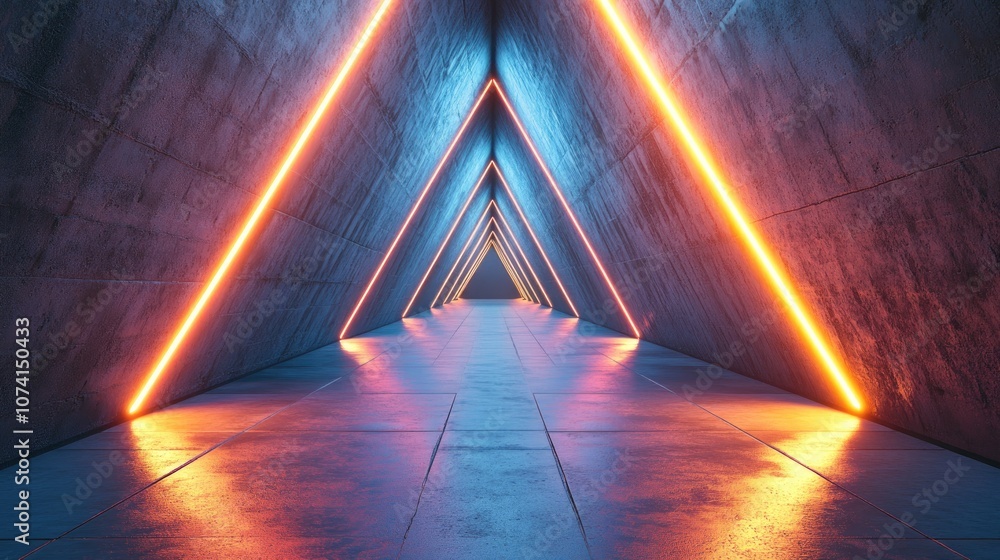 Poster spacious illuminated corridor featuring a modern concrete backdrop and a futuristic triangular tunne
