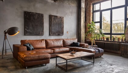 Industrial-Inspired Living Room with Concrete Floors, Leather Sofa, and Steel Coffee Table