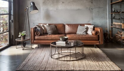 Industrial-Inspired Living Room with Concrete Floors, Leather Sofa, and Steel Coffee Table