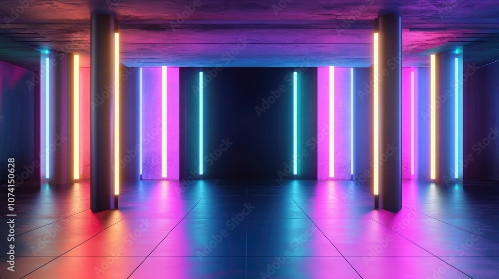 Poster abstract futuristic interior featuring a colorful gradient and black parametric design illuminated b