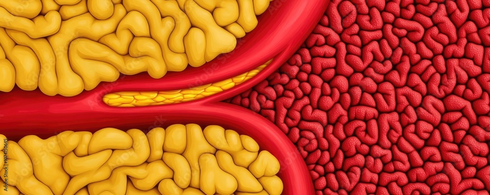 Poster abstract representation of fat cells with red and yellow textures, white isolate background.