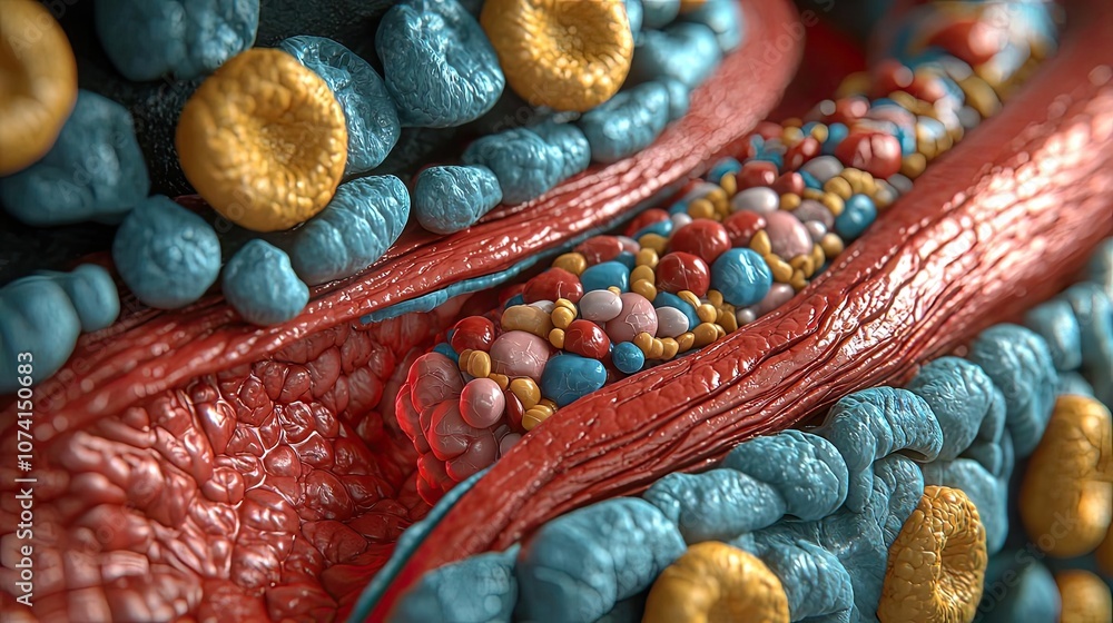 Poster close-up of cellular structures with colorful organelles on a detailed background.