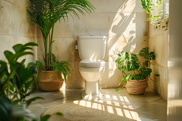 White toilet is in a bathroom with plants in pots