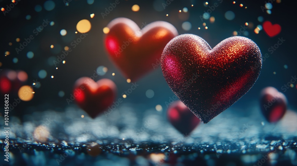 Aufkleber hearts float against a dark backdrop with sparkles creating a conceptual atmosphere of love close up