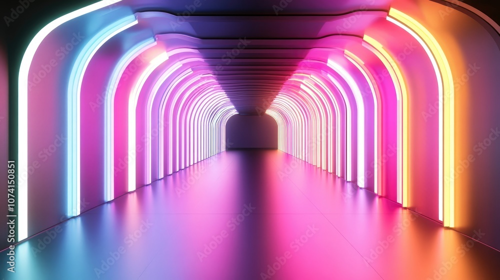 Poster abstract futuristic interior featuring a colorful gradient and black parametric design illuminated b