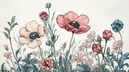 Floral illustration featuring decorative flowers in a vintage botanical style presented as a handcrafted drawing