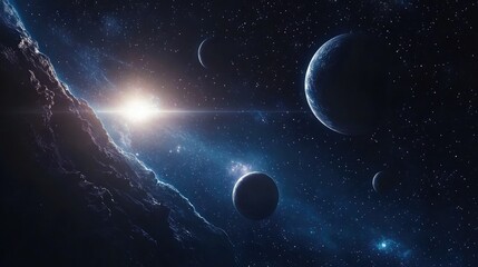 Fototapeta premium 2D illustration of a realistic starry background depicting deep space Bright stars planets and moons create various imaginative science fiction backdrops Cosmic art scene design