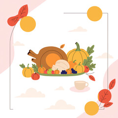 Happy people sitting at table, eating holiday meals, drinking wine and talking to each other. Family Christmas or Thanksgiving dinner or supper. Colorful vector illustration in flat cartoon style.

