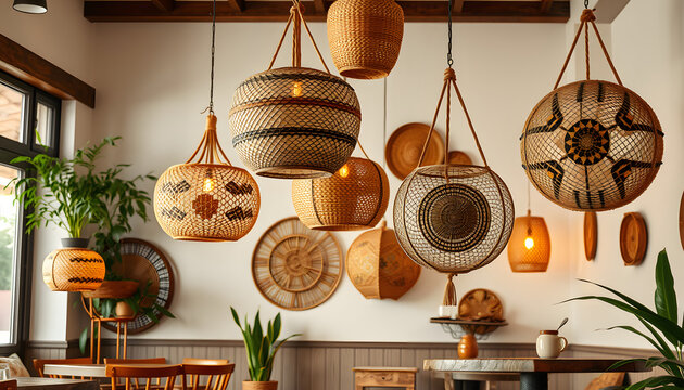 Cafe Interior decorated with hanging African binga baskets isolated with white highlights, png