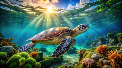Obraz premium Tropical Sea Turtle Among Lush Green Foliage in Crystal Clear Waters - Underwater Wildlife Photography, Nature, Ocean Life, Marine Conservation