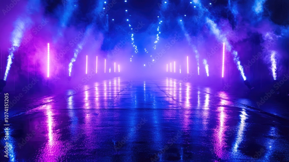 Poster empty backdrop with a dark street reflected on wet asphalt illuminated by neon light rays featuring 
