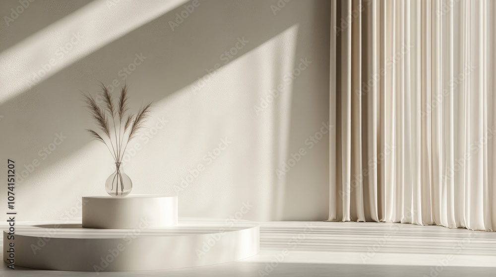 Poster 3d render of a minimalistic background featuring a pedestal and showcase offering a blank space with