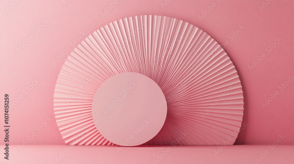 Poster a mock pink circle designed for showcasing a product sample set against a pastel pink fan shaped bac