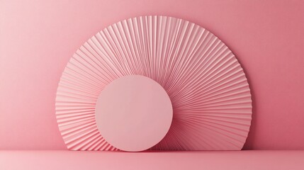 A mock pink circle designed for showcasing a product sample set against a pastel pink fan shaped background in 3D rendering