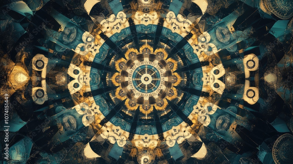 Poster abstract numbers and letters concept featuring symmetric patterns with ornamental kaleidoscope movem