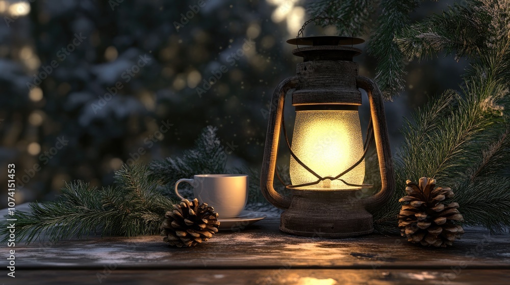 Poster christmas lantern on a rustic table accompanied by a fir branch pine cone and tea cup in a 3d render