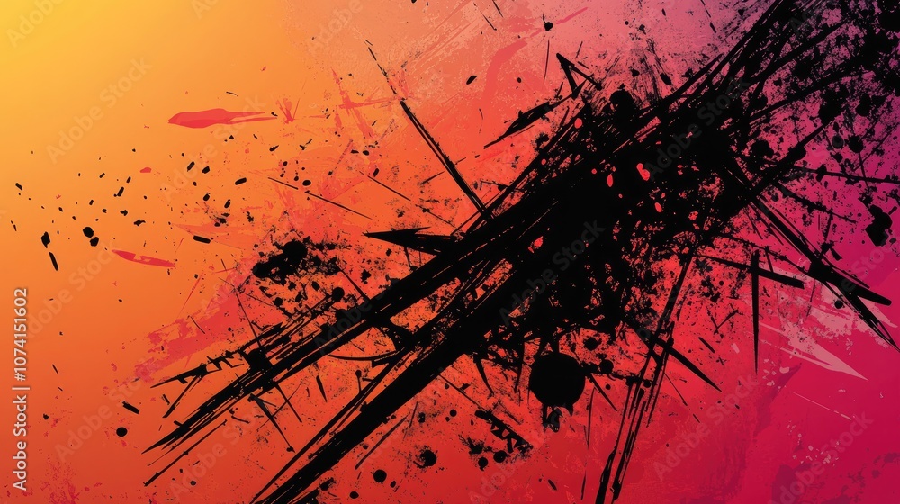 Poster Abstract design featuring chaotic black lines and sharp multicolored patterns set against a gradient red orange backdrop