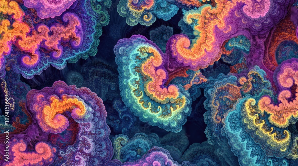 Poster vibrant and chaotic abstract fractal pattern with intricate shapes perfect as a background or wallpa