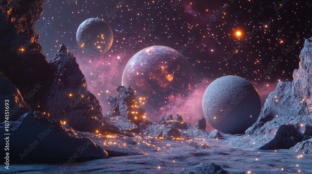 Poster celestial bodies and cosmic elements in open space created through 3d rendering techniques
