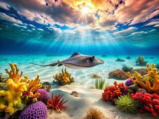 Stunning Stingray Gliding Over Sandy Seabed Surrounded by Vibrant Coral Reefs in Crystal Clear Waters, Capturing the Beauty of Underwater Marine Life in Tropical Paradise
