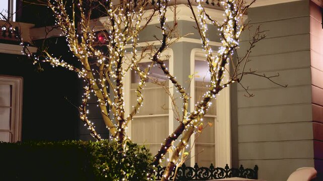 Christmas Lights, Festive Tree LED Fairy String Lights, Winter Garden, Traditional British Architecture English House In Notting Hill, West London, England, UK