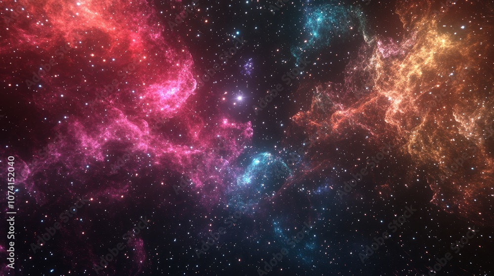 Poster vivid multicolored starfield showcasing deep space nebulae and clusters of stars creating an infinit