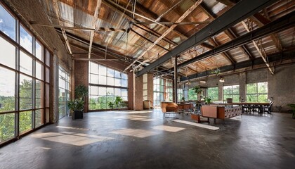 Open-Concept Industrial Loft with Floor-to-Ceiling Windows, Metal Beams, and Concrete Floors