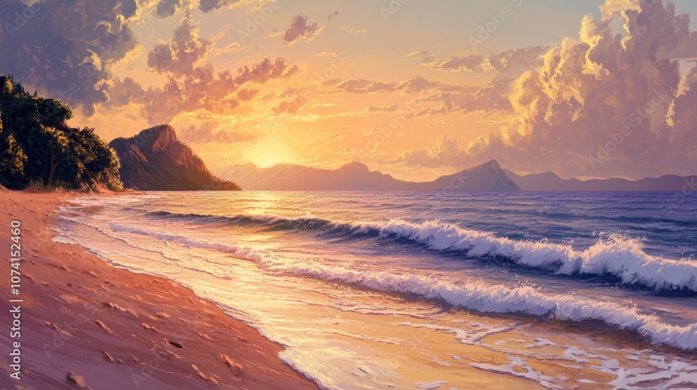 Poster sunset over a tranquil beach with gentle waves lapping at the shore creating a serene and picturesqu