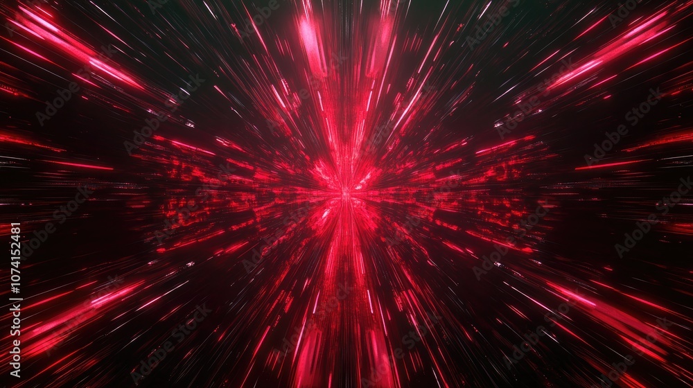 Poster futuristic abstract background featuring dark neon red tones with rays lines and symmetrical reflect