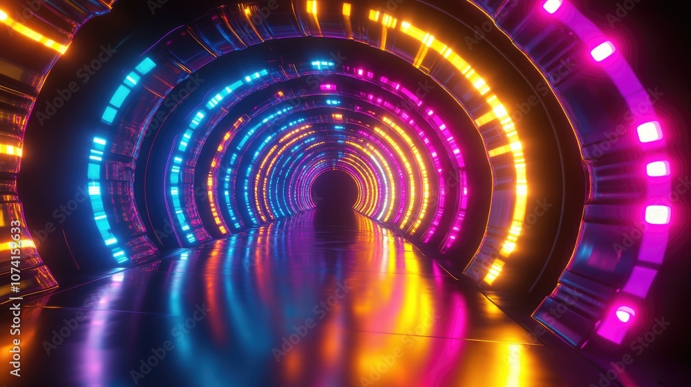 Poster neon multicolored glowing rays in a spiral pattern with reflections on the floor and walls an empty 