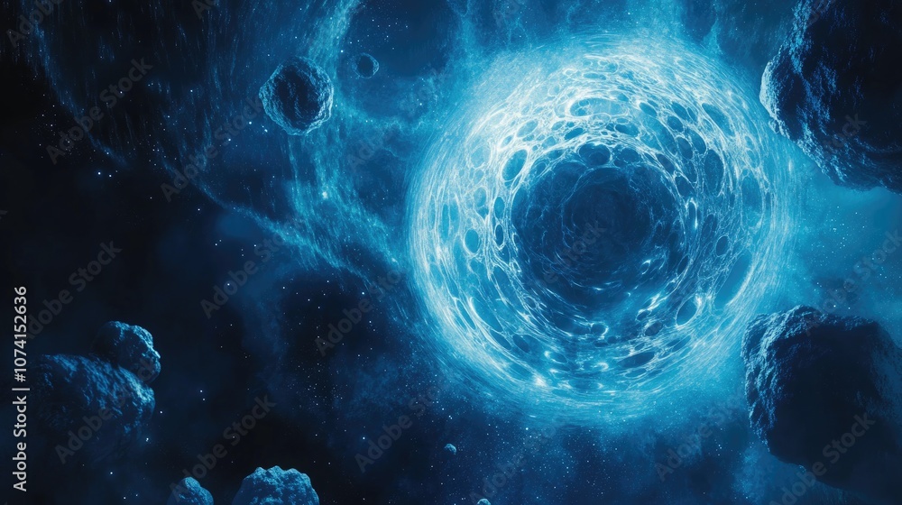 Poster glowing blue circles in a cosmic setting an abstract background created through computer graphics