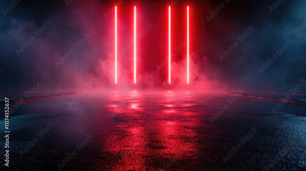Poster empty backdrop featuring dark street reflections on wet asphalt with red neon light rays and smoke a