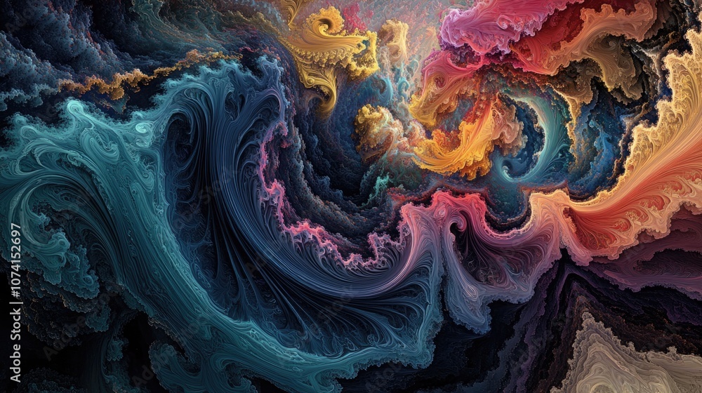 Poster Vibrant and chaotic fractal design Abstract 3D rendered shapes creating a visually striking background or wallpaper